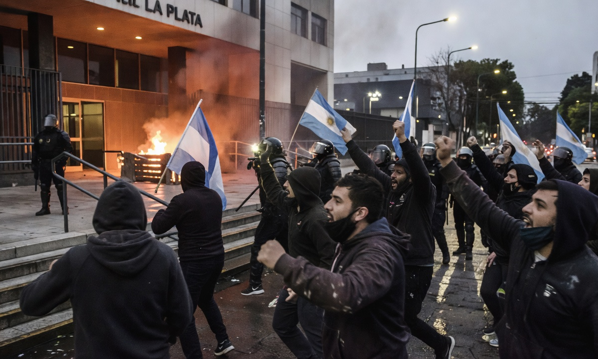 Protesta en La Plata: manifestantes incendian ingreso a la Municipalidad