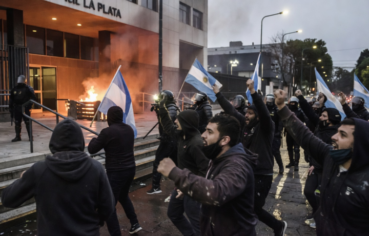 Protesta en La Plata: manifestantes incendian ingreso a la Municipalidad